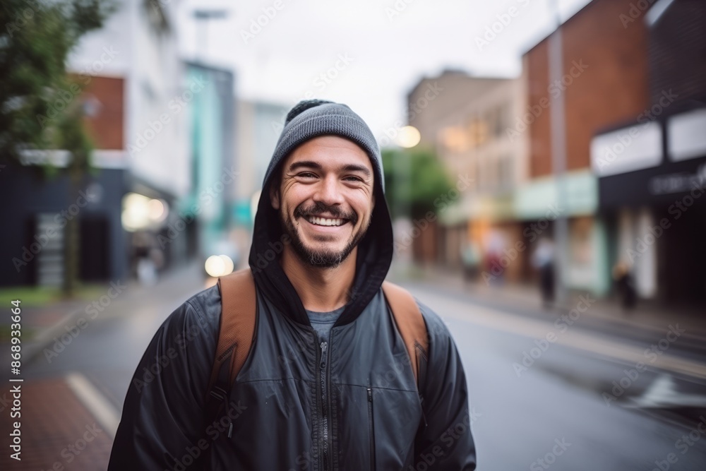 Portrait of a handsome young man smiling at the camera in an urban context Portrait of a handsome young man smiling at the camera in an urban context