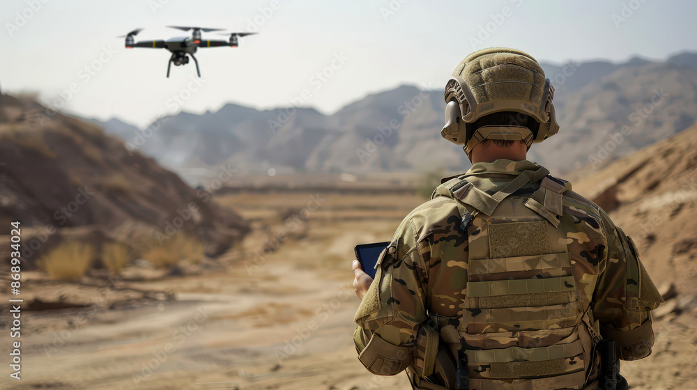 A soldier hold tablet in the field, operating drones. . A drone controller and camera visuals on a smartphone. Generative AI A soldier hold tablet in the field, operating drones. . A drone controller and camera visuals on a smartphone. Generative AI