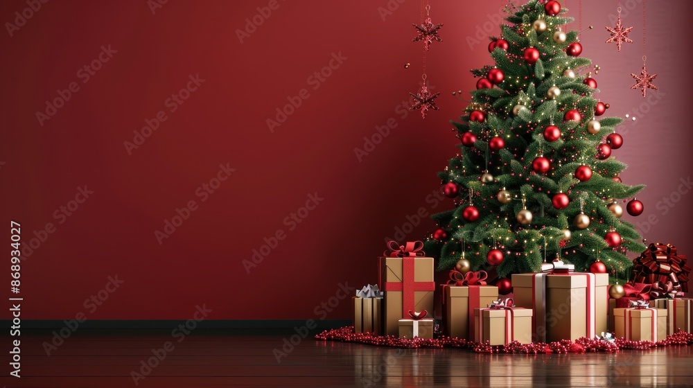 Photo angle: Christmas tree and presents on a burgundy red background. Photo angle: Christmas tree and presents on a burgundy red background.
