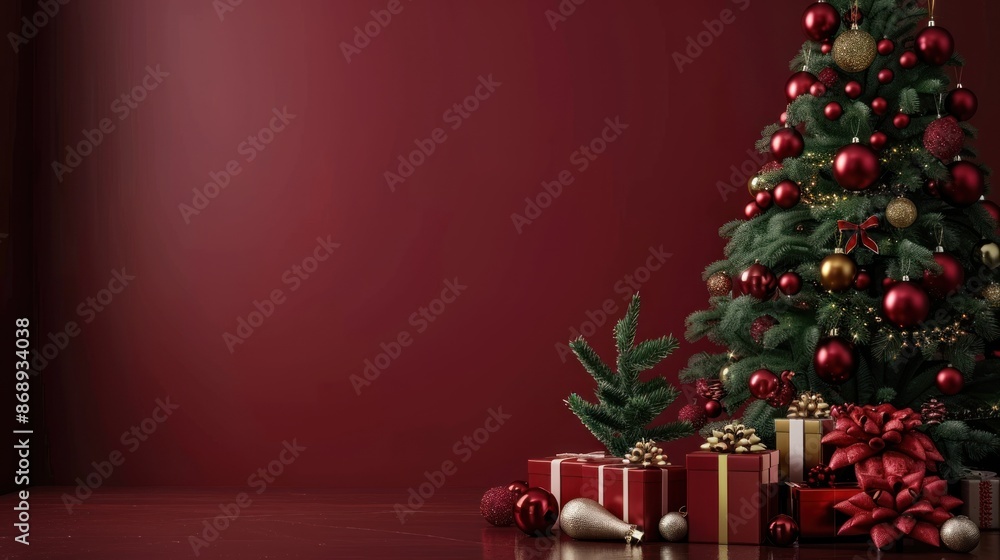 Photo angle: Christmas tree and presents on a burgundy red background. Photo angle: Christmas tree and presents on a burgundy red background.