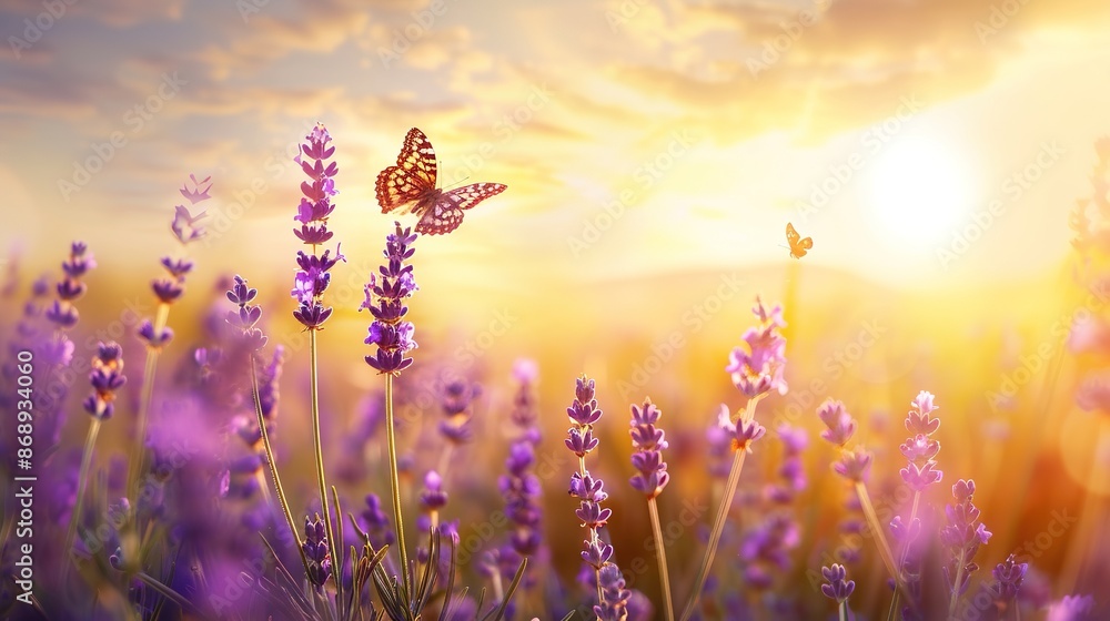 Obraz premium Blooming lavender spring flower and a flying butterfly against the backdrop of a spring sunrise landscape