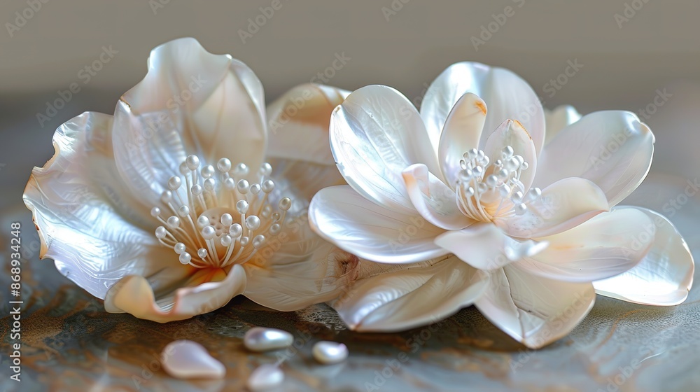 A close up of two flowers on a table, orchid made of mother of pearl, lotus petals.