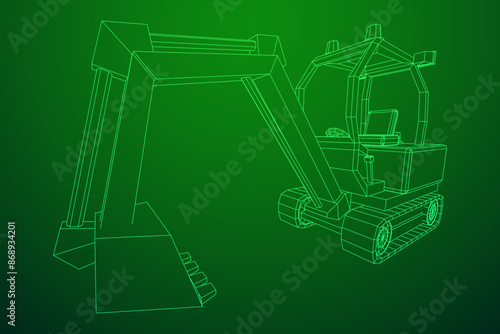 Heavy equipment excavator machine manufacturing power equipment for open pit mining. Wireframe low poly mesh vector illustration
