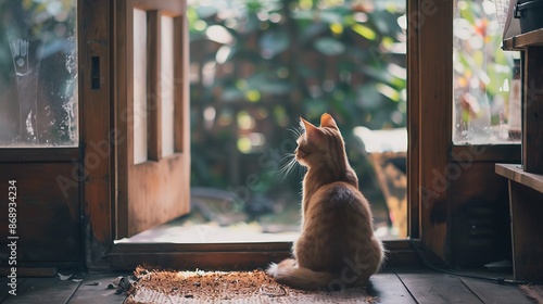 Fototapeta Naklejka Na Ścianę i Meble -  Sitting on the outside waiting a brown cat on the wooden carpet looking through the small front door window very detailed and realistic shape
