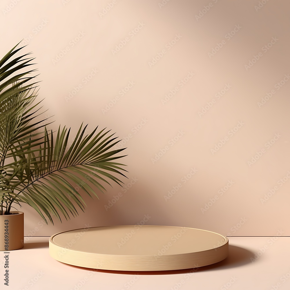Obraz premium Empty studio interior background for product podium display with beige background shadow, summer product mockup background. Generative Ai