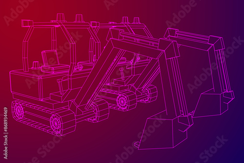 Heavy equipment excavator machine manufacturing power equipment for open pit mining. Wireframe low poly mesh vector illustration