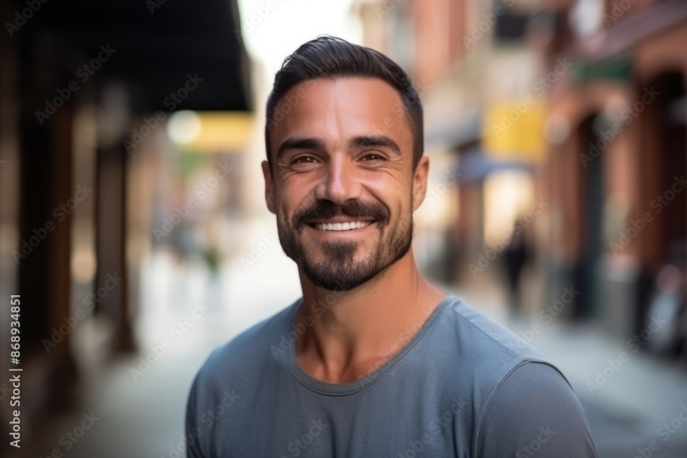 Portrait of a handsome man smiling at the camera in a street