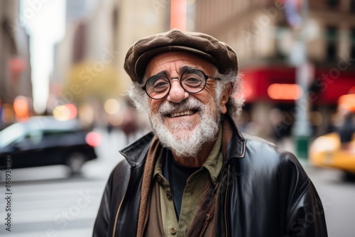 Portrait of a senior man wearing a hat and glasses in the city