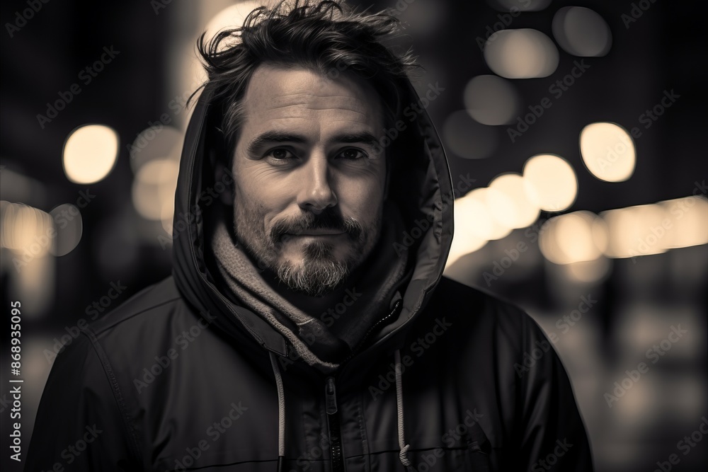 Portrait of a bearded man in a raincoat on the street Portrait of a bearded man in a raincoat on the street