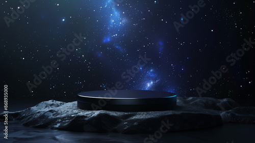 A stone pedestal for a product display, set against an abstract galactic nightscape that conveys the pulsations of the universe; Generative AI.宇宙の脈動が伝わる抽象的な銀河の夜景を背景にした、製品ディスプレイ用の石の台座。Generative AI。 photo