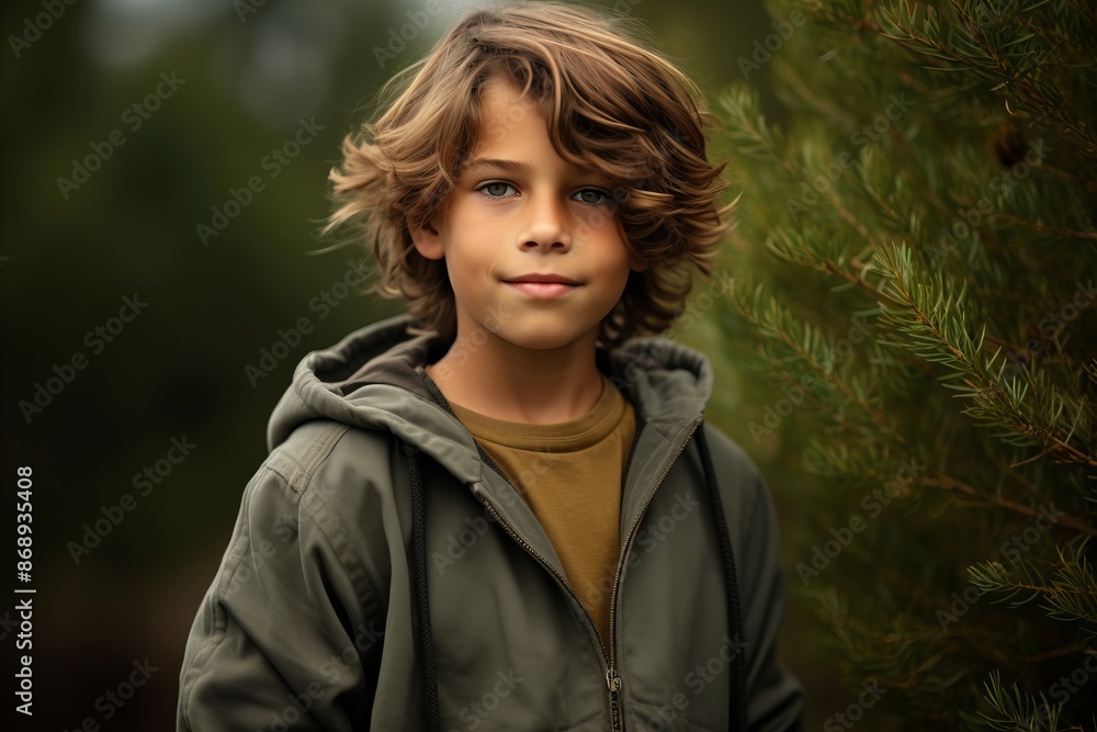 portrait of a boy with curly hair on the background of the forest portrait of a boy with curly hair on the background of the forest