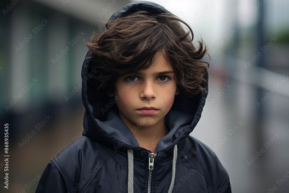 Portrait of a boy in a hooded jacket on the street Portrait of a boy in a hooded jacket on the street