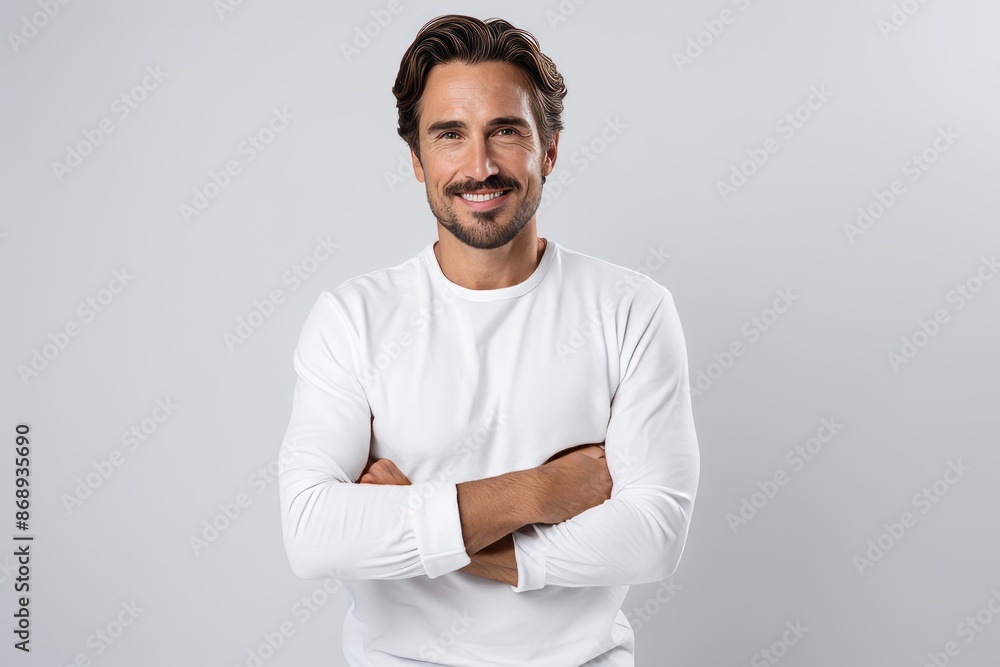 Cheerful handsome man looking at camera and smiling while standing against grey background Cheerful handsome man looking at camera and smiling while standing against grey background