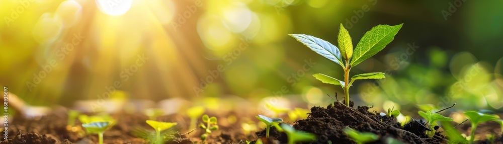 A single sapling growing in the sunlight with a blurred background of green foliage. A single sapling growing in the sunlight with a blurred background of green foliage.