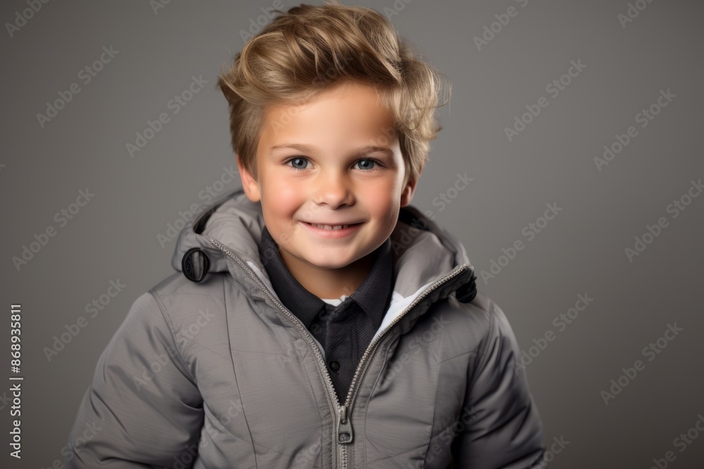 Portrait of a smiling little boy in a warm jacket. Studio shot. Portrait of a smiling little boy in a warm jacket. Studio shot.