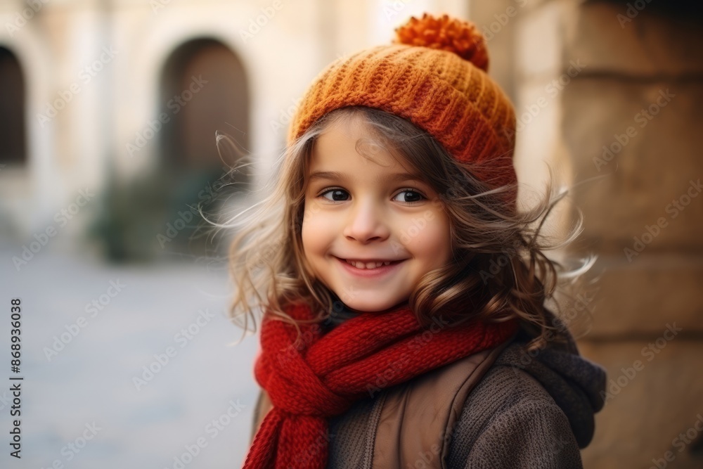 Portrait of a beautiful little girl in a warm hat and scarf