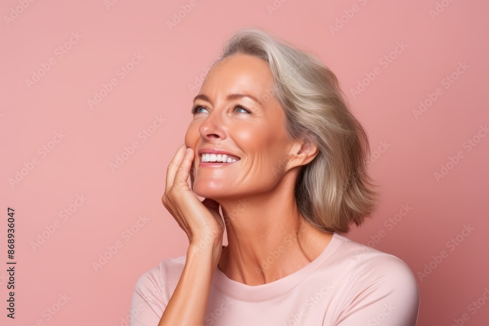 Portrait of a happy mature woman looking up and smiling against pink background Portrait of a happy mature woman looking up and smiling against pink background