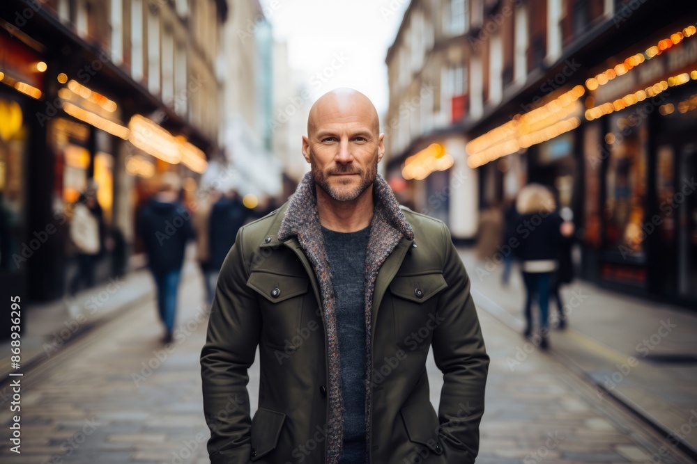 Portrait of a bearded man in a green coat on a city street. Portrait of a bearded man in a green coat on a city street.