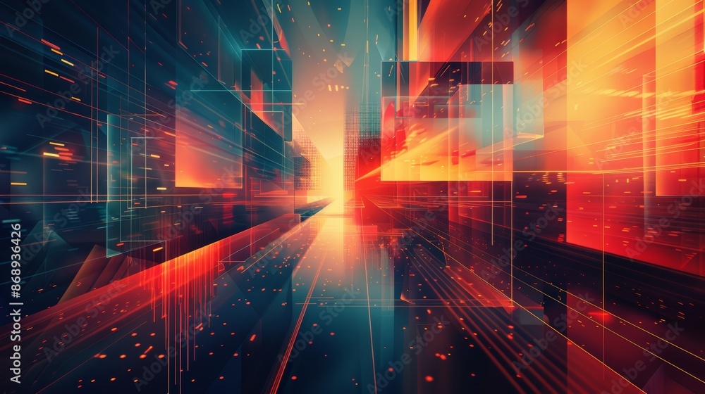 Obraz premium Abstract digital art with glowing lines and geometric shapes in a futuristic city.