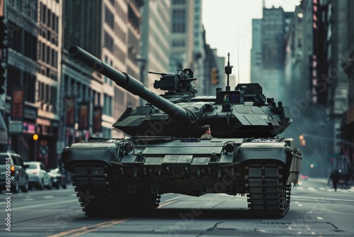 A dramatic low-angle shot of an Military tank M1 Abrams rolling down a city boulevard, its gun turret scanning rooftops and windows for potential threats