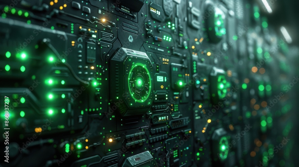 Iron wall decorated with green glowing electrical circuits. Iron wall decorated with green glowing electrical circuits.
