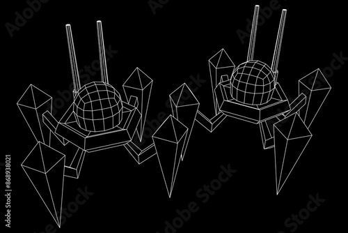Spider robot with radar antenna. Nanobot, nanotechnology medical concept. Wireframe low poly mesh vector illustration