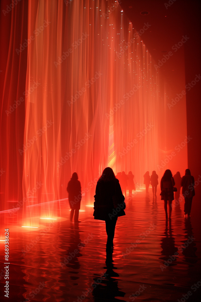 silhouette of people walking in Colorful light channel silhouette of people walking in Colorful light channel