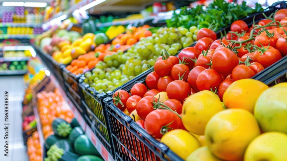 Supermarket aisle view with a cart full of fruits and vegetables, fresh groceries, healthy eating Supermarket aisle view with a cart full of fruits and vegetables, fresh groceries, healthy eating