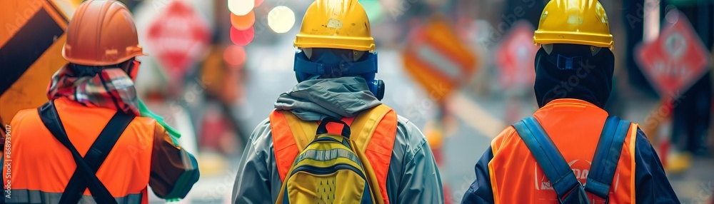 Construction workers with safety gear and insurance signs, construction insurance Construction workers with safety gear and insurance signs, construction insurance