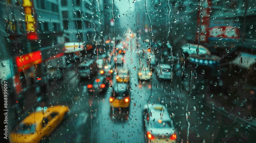 Raindrops on a window with a bustling city street view, rainy urban life, atmospheric mood Raindrops on a window with a bustling city street view, rainy urban life, atmospheric mood