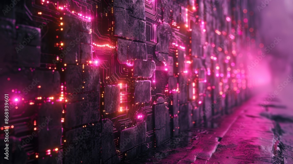 Iron wall decorated with purple pink glowing electrical circuits. Iron wall decorated with purple pink glowing electrical circuits.