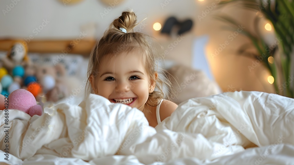 Fototapeta premium A Cheerful little girl in bed having fun. 