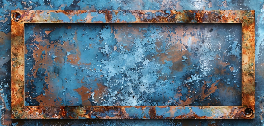 Broad decaying perspective of a rust-colored wide blank frame against moldy blue wallpaper. Broad decaying perspective of a rust-colored wide blank frame against moldy blue wallpaper.
