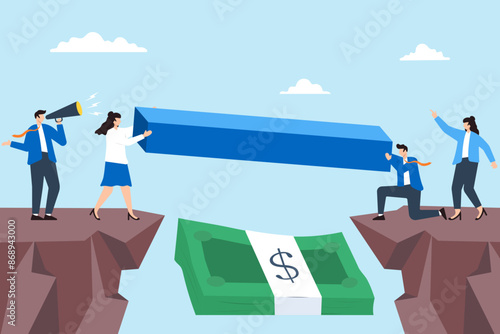 Business team building bridge over financial gap with large dollar bill concept investment strategies and connecting opportunities