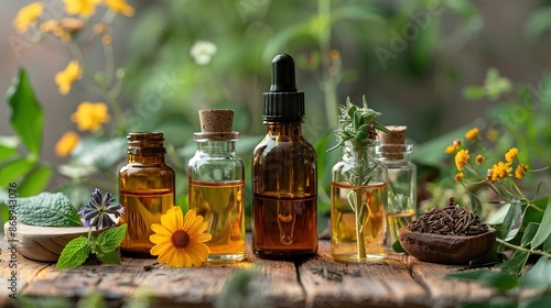 Concept of alternative herbal medicine. Bottles of tincture or potion, organic essential oils, dry healthy herbs, floral extracts on wooden table. Pure natural ingredients for cosmetic production