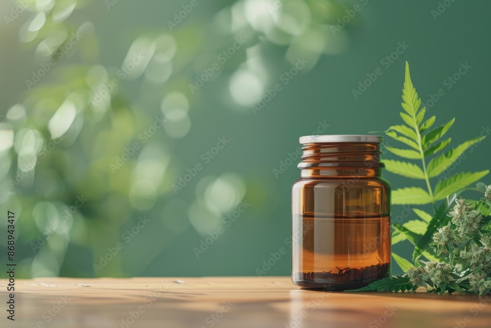 Glass Jar Filled With Medical Green Cannabis Buds on Green Background Glass Jar Filled With Medical Green Cannabis Buds on Green Background