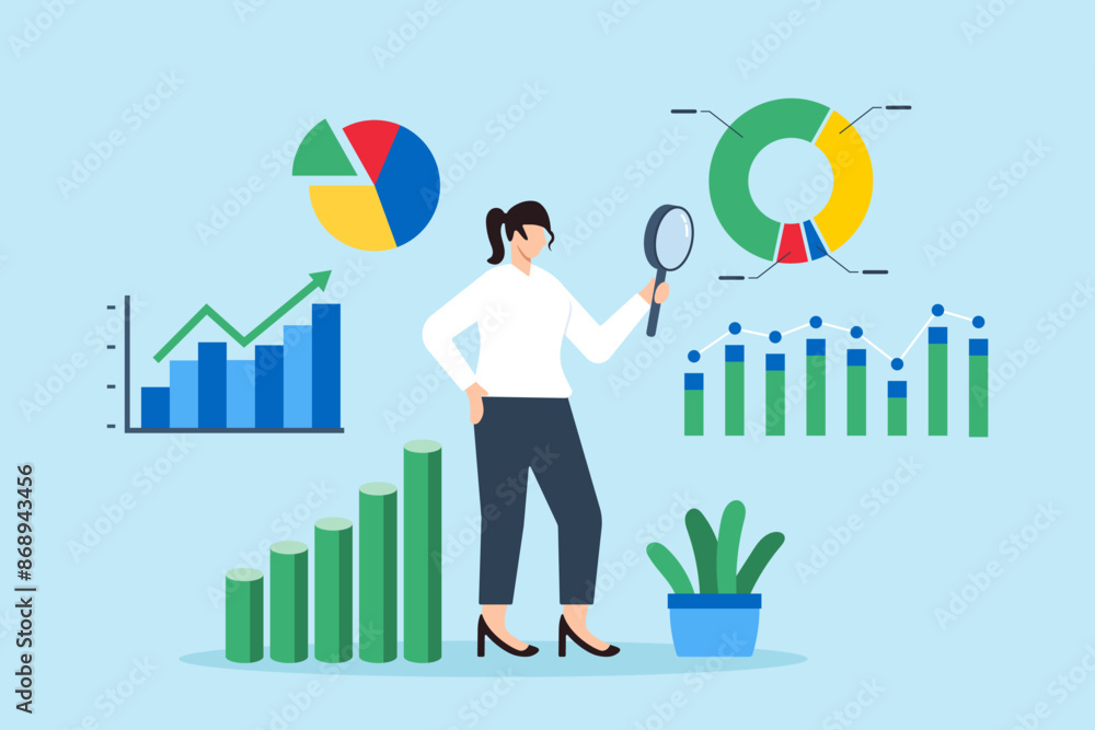 Businesswoman using magnifying glass to analyze data concept research insights and informed decision-making Businesswoman using magnifying glass to analyze data concept research insights and informed decision-making
