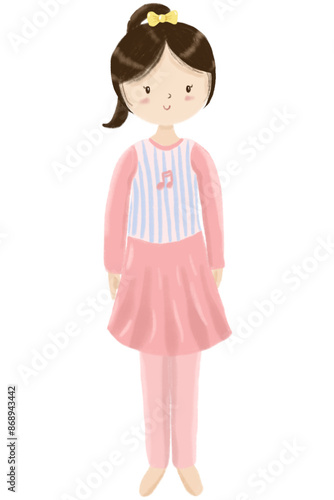 A cute little girl in a pink costume standing straight