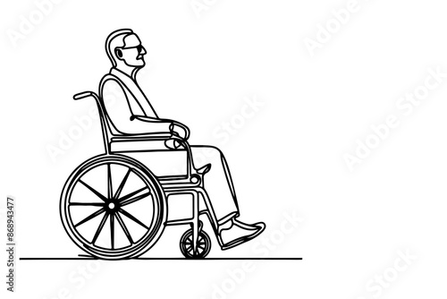 Continuous one line drawing of senior old people sitting in wheelchair, people with disability outline vector on white background
