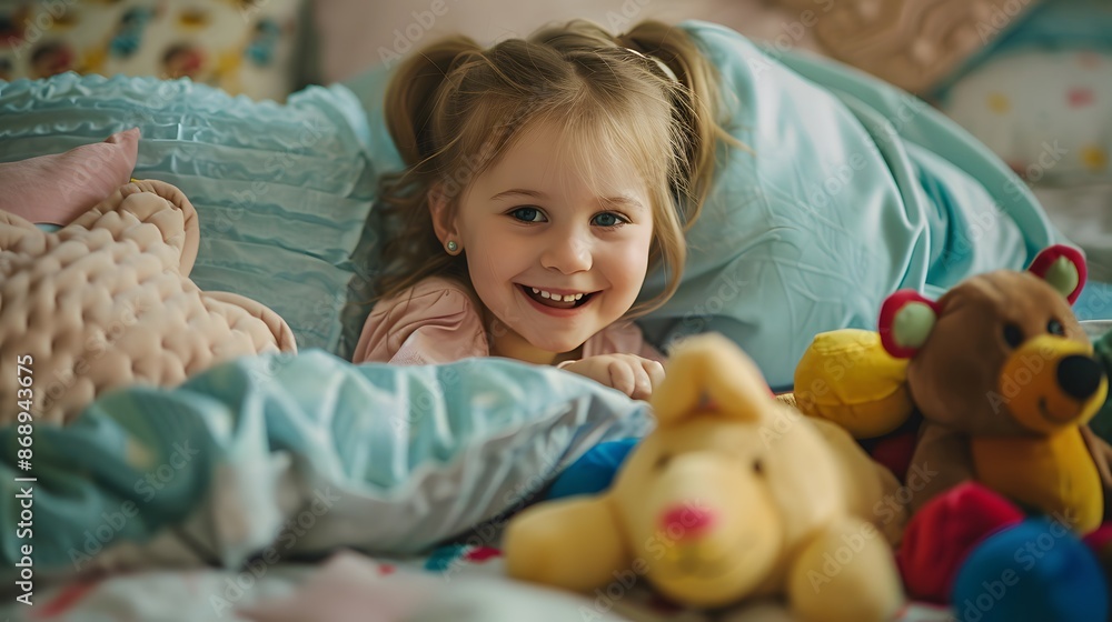 Obraz premium A Cheerful little girl in bed having fun.