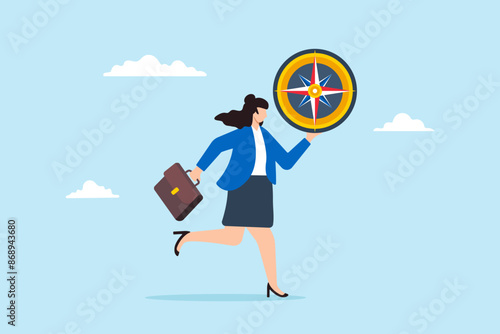 Businesswoman holding compass navigating through uncertainty concept direction strategy and adaptability