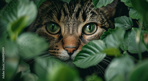 Tabby Cat Hiding in Green Foliage With Intense Eyes