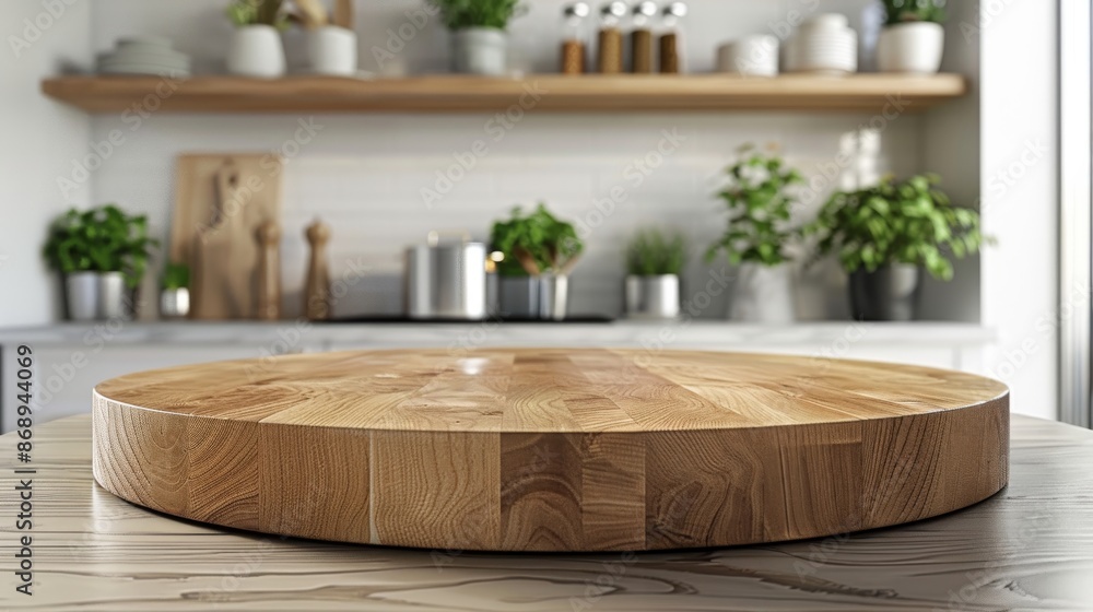 Empty beautiful round wood tabletop counter on interior in clean and bright kitchen background for food product Empty beautiful round wood tabletop counter on interior in clean and bright kitchen background for food product