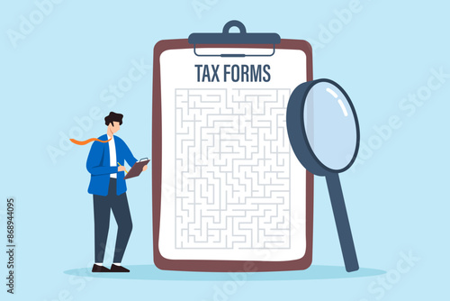 Businessman analyzing maze of tax forms on clipboard concept financial compliance and regulations