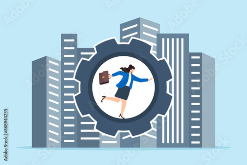 Businesswoman pushing giant gear to keep company running concept operational efficiency teamwork and productivity