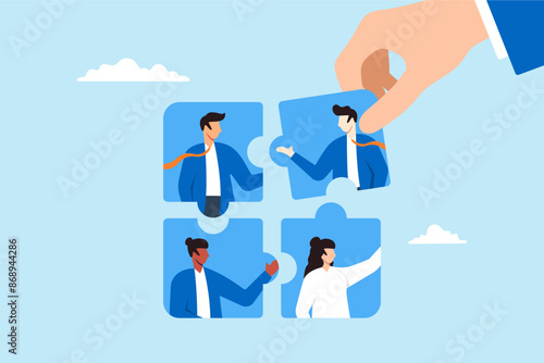 Businessman hand assembling puzzle of diverse people concept diversity inclusion and creating cohesive workforce