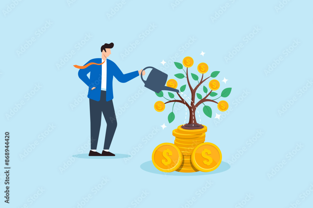 Obraz premium Businessman watering tree with coins as leaves concept financial growth investment nurturing and sustainability