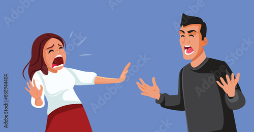 Husband and Wife Having a Fight Before Split-up Vector Illustration. Upset girl trying to defend herself against furious husband 
