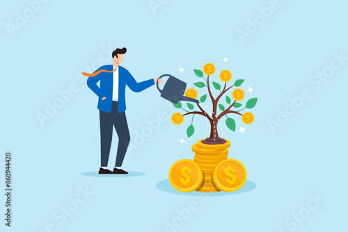 Businessman watering tree with coins as leaves concept financial growth investment nurturing and sustainability
