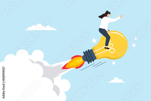 Businesswoman riding light bulb rocket concept innovation entrepreneurship breakthroughs and rapid progress